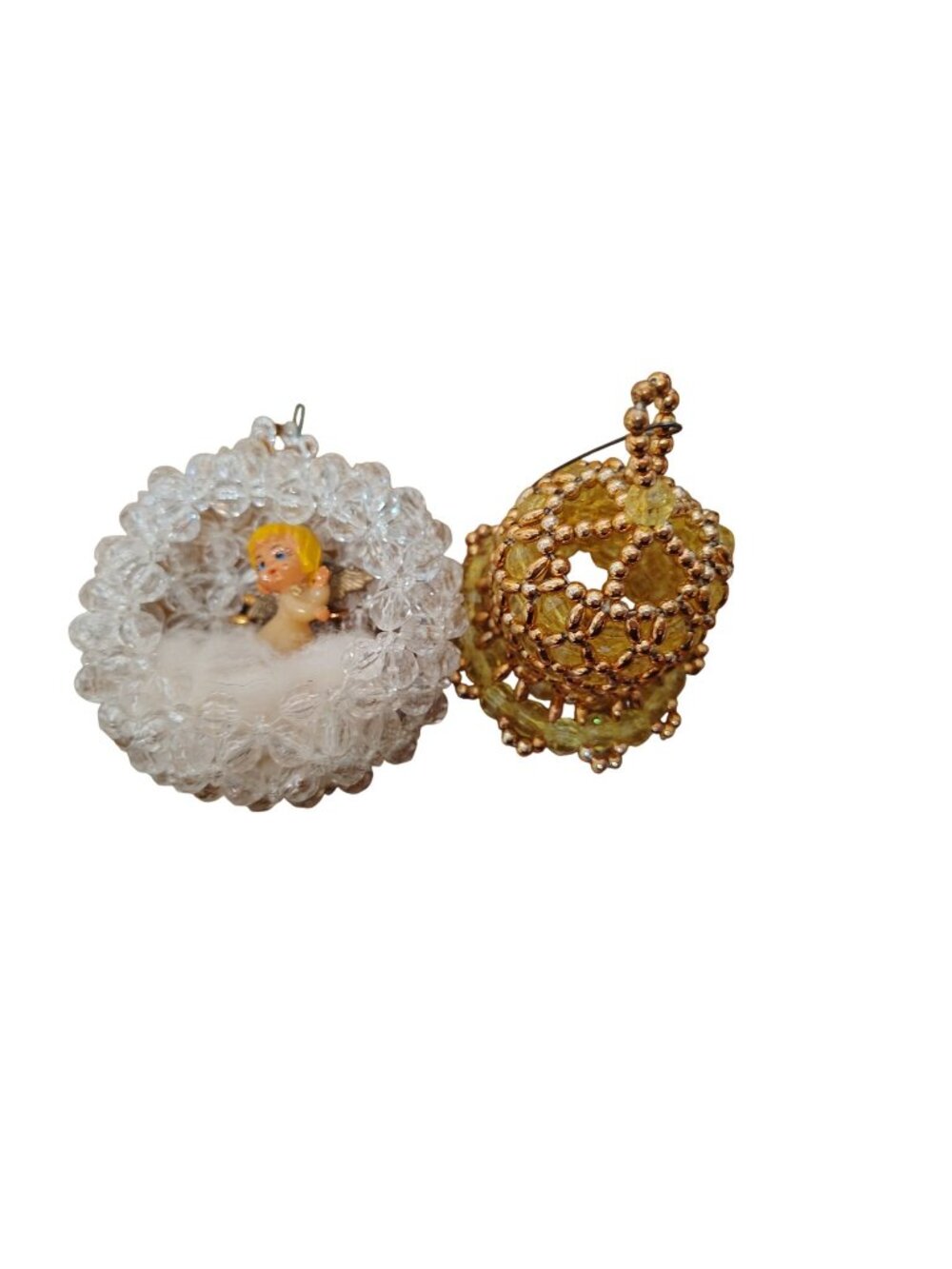 2 Vintage Beaded Christmas Tree Ornaments, Gold Yellow Bell, Angel in Clear Bulb